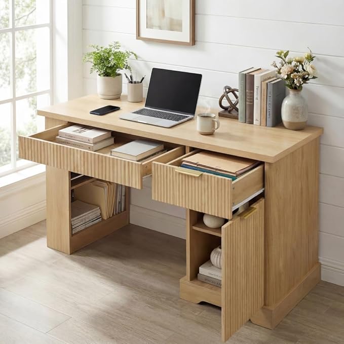 Modern Fluted Office Desk with Storage Cabinet Drawers Power Outlet Pegboard Built-in Shelves Keyboard Tray for Home Office Study Living Room (Light Oak)
