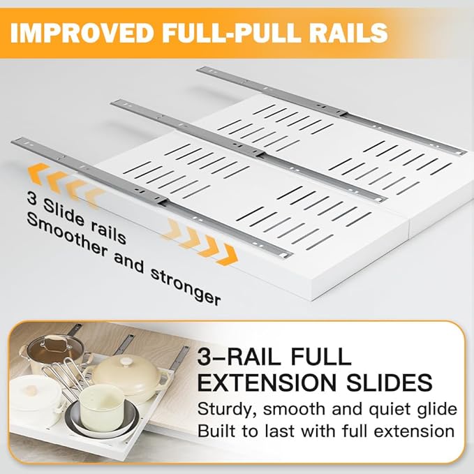2 Pack Pull Out Cabinet Organizer, 21" Deep Expandable (12.1"-20.4") Slide Out Drawer, 3 Slide Rails Sliding Drawers for Cabinets, Roll out Shelves For Kitchen, Bathroom, Pantry Storage, White