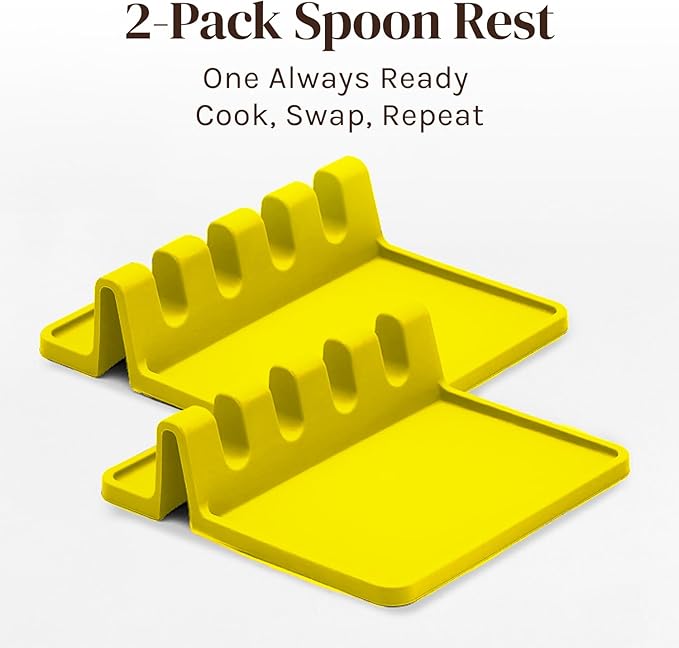 Cooler Kitchen Yellow Silicone Spoon Rest for Stove Top with Drip Pad (Two Pack) - Heat Resistant BPA Free Utensil Rest & Spoon Holder for Kitchen Counter - Grill Utensil Holder - Spatula Holder