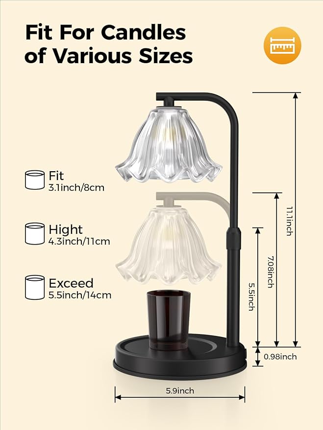 Flower Candle Warmer Lamp with Timer - Black Adjustable Height Wax Melt Warmer for Jar Candles, Vintage Candle Lamp for Home Fragrance, Housewarming Gifts & Birthday Gifts for Women