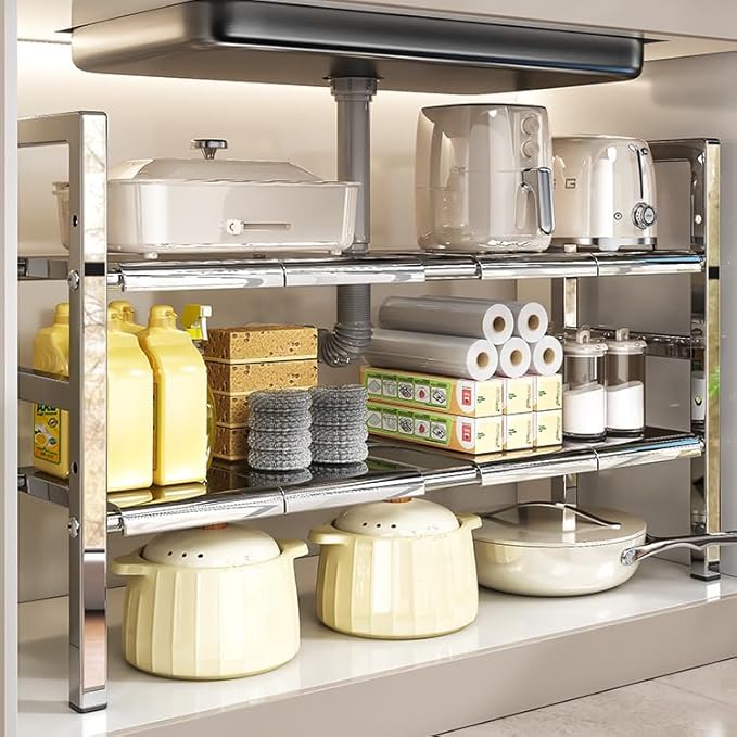 Large Under Sink Organizer 2 Tier Expandable Heavy Stainless Steel Shelf Adjustable Height for Under Kitchen Bathroom Sink Organizers and Storage (Large Size: 8 Panels)