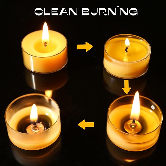 Pure Beeswax Tealight Candles-16 Pack - Handmade Natural Beeswax Tea Candles in Clear Cup | 4 Hour Extended Burn Time | Smokeless Beeswax Candles | for Home Deco, Fragrance, Relax