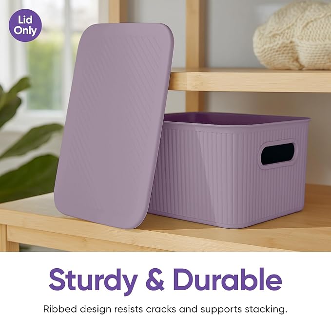 Superio Ribbed Collection Lid for Decorative Plastic Basket Open Home Storage Bins Organizer Baskets, Medium Lilac - for Organizing Closet Storage Bins for Shelves Drawer Shelf 5 Liter