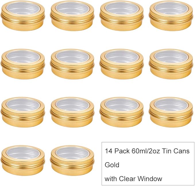 BENECREAT 14 Pack 2 OZ Tin Cans Screw Top Round Aluminum Cans Screw Lid Containers with Clear Window - Great for Store Spices, Candies, Tea or Gift Giving (Gold)