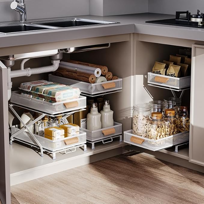 Carbon Steel Pull out Cabinet&Drawer Organizer,Adjusted to 3 different heights(12.4“&14.8”&16.4“),2 Tier Sliding Drawers for Kitchen,Bathroom,Office,Makeup Crafts, Condiment Pull-out basket