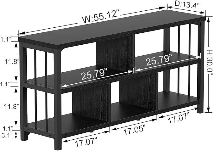IBF 55“ Black Bookshelf, Industrial Open Horizontal Cube Book Shelf, Low Wide Home 5 Cube Storage Organizer Long Shelf for Bedroom, Wood and Metal Cubby Bookcase for Living Room, Black Oak, 55 inch