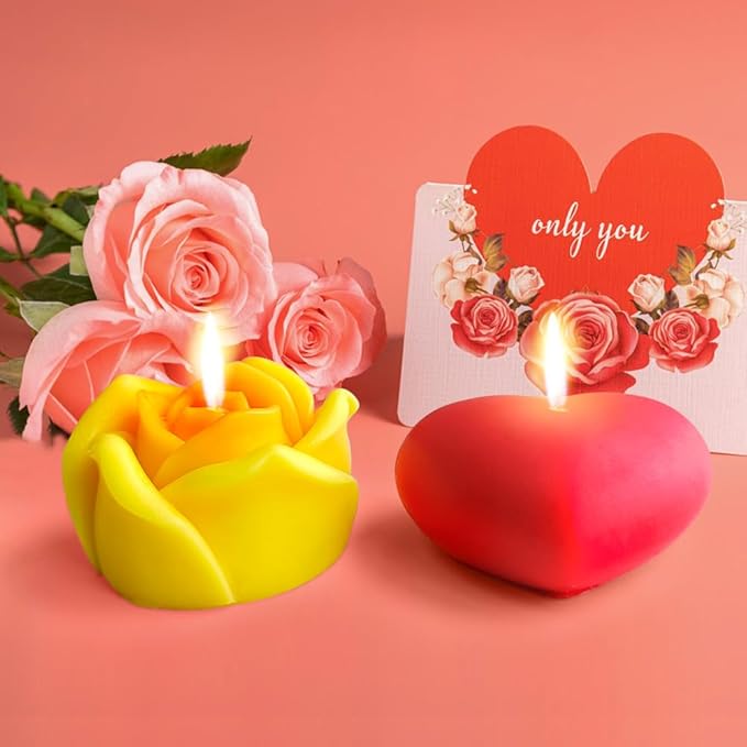 3D Rose & Heart Candle Molds, 2 Pcs Silicone Candle Molds for Candle Making,DIY Handmade Soaps, Flower Ice Cubes, Heart Chocolate, Valentine's Day Gift (Rose&Heart)