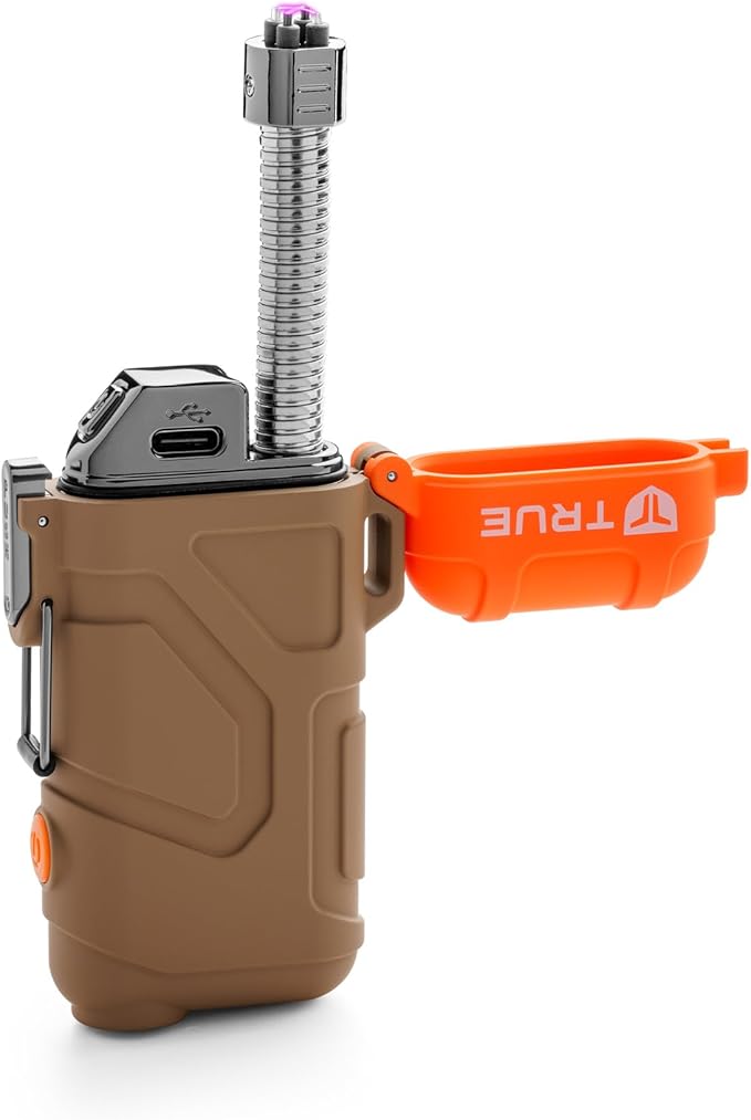 True Plasma Lighter XRL | Flameless and Fuel-Free, Plasma Arc Technology, 100+ Ignitions on a Single Charge, Windproof, Water-Resistant, Compact and Rugged Design - Tan/Orange