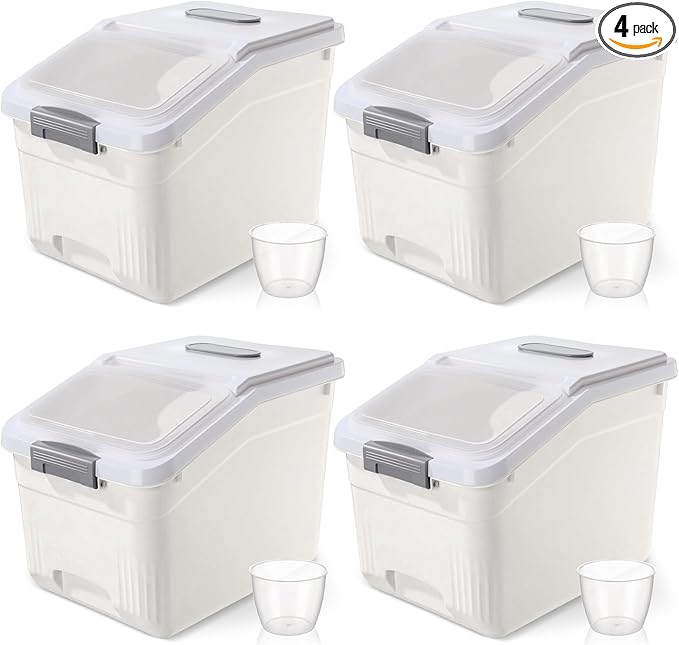 4 Pack Large Rice Storage Containers 30 Lbs Airtight Flour Container with Seal Locking Lid and Measuring Cup Kitchen Dry Food Storage Bins for Cereal Sugar Beans (Creamy White)