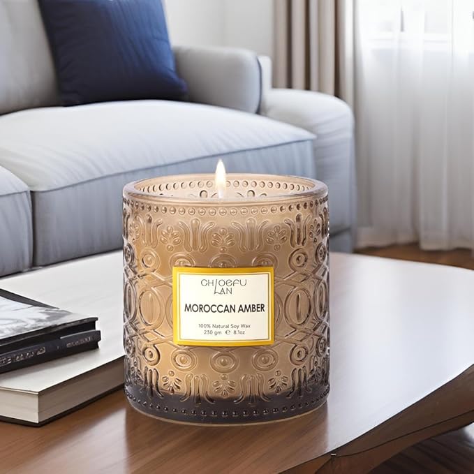 Chloefu LAN Amber Candles for Home Scented, Gifts for Women & Men, Luxury Glass Jar Candle, Natural Soy Wax, Home Decor, 55 Hours Long Burning, 8.1 oz