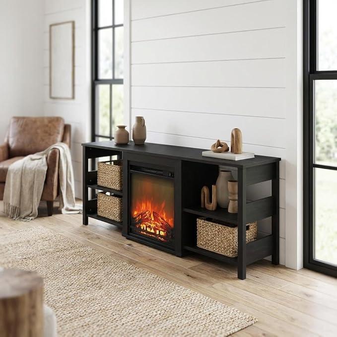 Furnifact Americano Wood TV Stand with Fireplace, Modern Design, Sturdy Construction, Spacious Storage, 70-Inch Wide, Living Room Entertainment Center