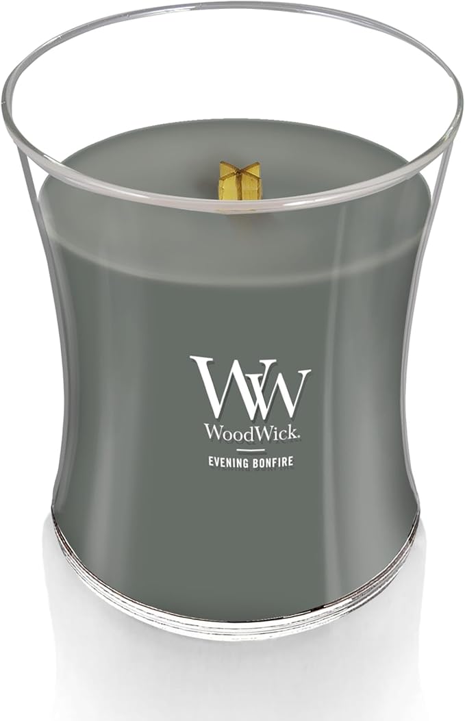 WoodWick Evening Bonfire Holiday Candle Gifts for Women and Men, 9.7 oz Medium Hourglass Candle with Crackling Wick