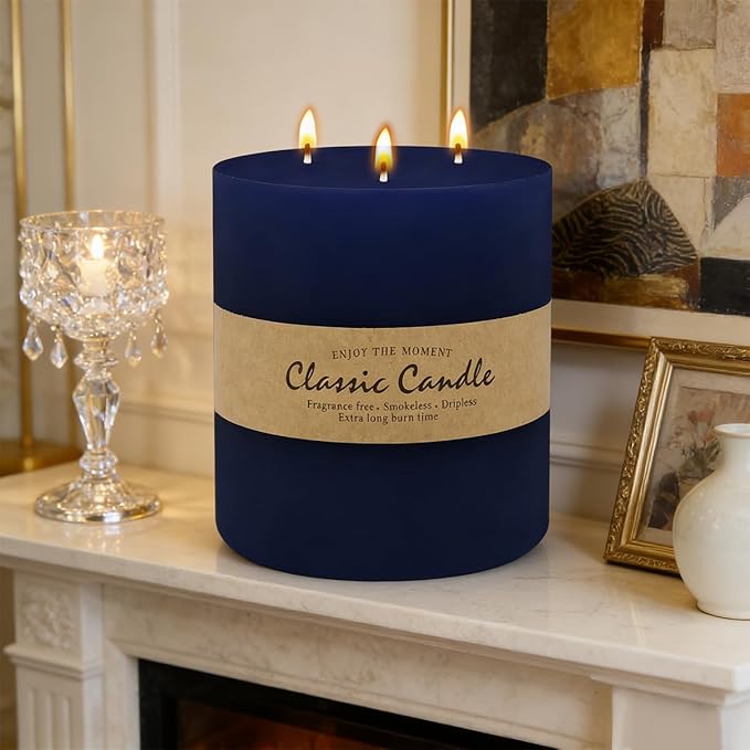 Large 3-Wick Navy Blue Pillar Candle - 6x6 Inch Dripless & Smokeless Unscented Fat Candle, 120 Hour Long Burning Hand-Poured Thick Candle with Cotton Wicks