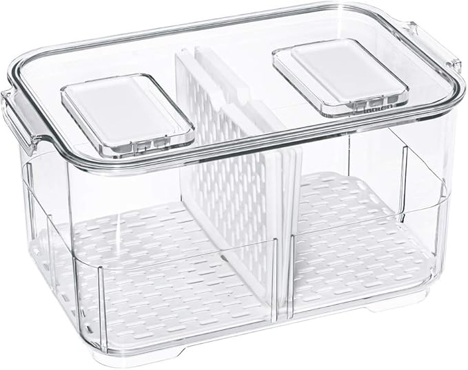 SANNO Fridge Food Storage Containers Produce Saver FreshWorks Produce Food Storage Container Bin Stackable Refrigerator Kitchen Organizer Keeper, with Removable Drain Tray to Keep Fresh