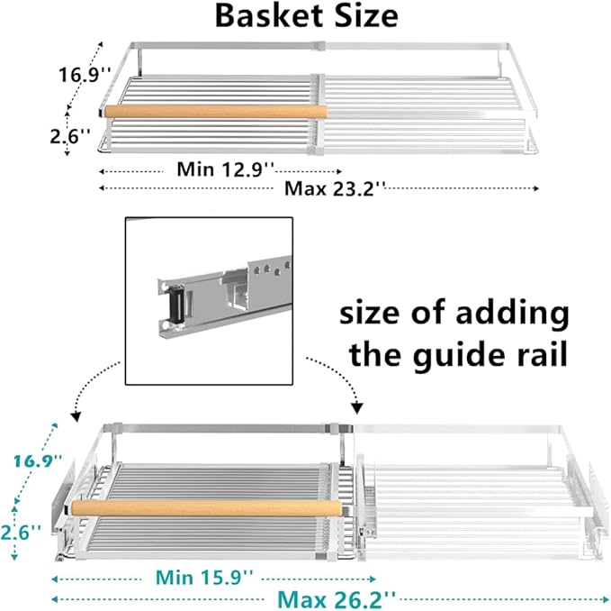 Pull Out Cabinet Shelf, Slide Out Cabinet Organizer Heavy Duty Under Sink, Anti Rust Kitchen Organizer Basket, Smooth Roll Expandable Sliding Drawer, 2 Pack Chrome 15.9''-26.2''