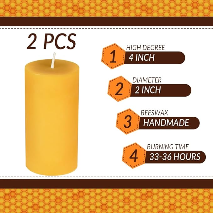 DEYBBY Natural Beeswax Pillar Candle, Smokeless Dripless Pure Beeswax Candle Set with Natural Scent for Room Decoration Prayer Party, Long Lasting Burn Time, 2 X 4 inch (4 Pack),Yellow Raw