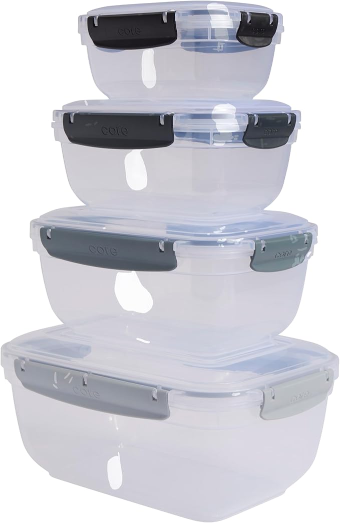 Core Kitchen Nested Food Storage Containers – 8-Piece Set with 4 Airtight Locking Lids – BPA-Free, Stackable, Microwave, Freezer & Dishwasher Safe - Clear
