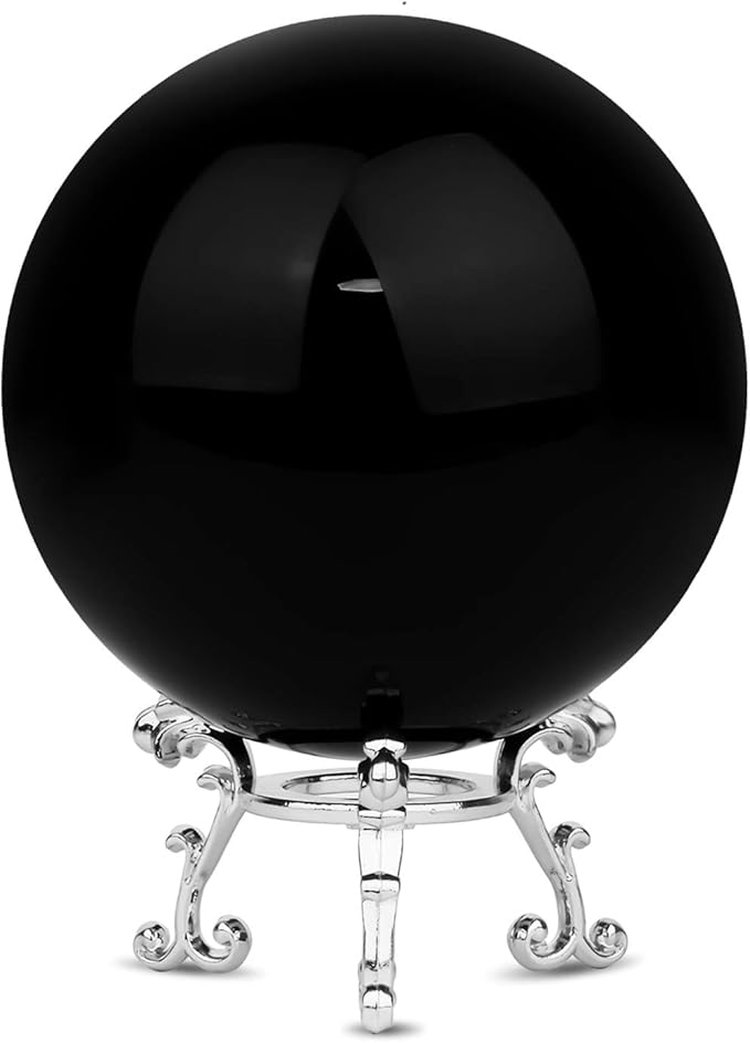 MerryNine 80mm/3.15" Top K9 Crystal Ball with Stylish Metallic Stand and Microfiber Clean Cloth, Decorative and Photography Accessory (Obsidian Black)