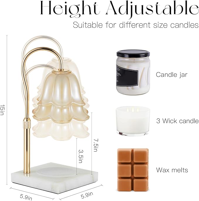 Candeldo Candle Warmer Lamp with Timer: Flower Candle Warming Lamp with Marble Base Height Adjustable Wax Warmer Dimmable Modern Kitchen Bathroom Decor Mom Birthday Gift for Grandma