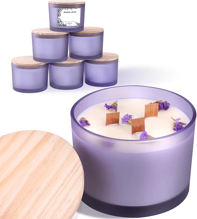 6 Pack Glass Candle Jars with Lids (16oz, Frosted Purple) - Large Candle Jars for 3 Wick Candles Making - Empty Candle Jars Containers - Candle Making Accessories include 16Pcs Candle Labels
