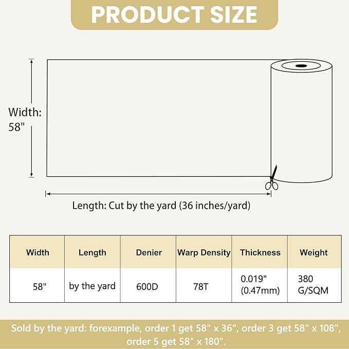 Waterproof Marine Canvas Fabric by The Yard 58" W 600D PVC Backing Water-Resistant Polyester Fabric Upholstery Material for Outdoor Indoor Marine Awning Tent Boat Furniture Cover DIY, 8 Yards Beige
