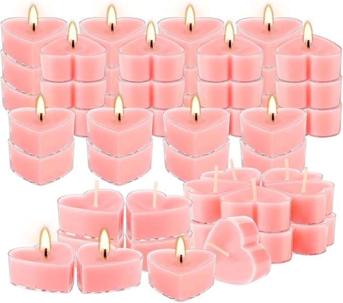 50-Pack Pink Heart Tea Wax (4-Hour Burn) - Rose-Scented Candles for Valentine's Day, Anniversaries, Weeding,Pool Parties & Romantic Decor & Special Occasions.