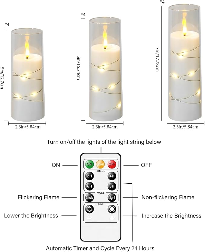 Sasigeiaa Flameless Candles with Embedded Star String - Battery Operated LED Candles, with Remote,12 White Flickering Candles for Christmas, Weddings, Home Decor & Party,(D 2.3"×H 5" 6" 7")