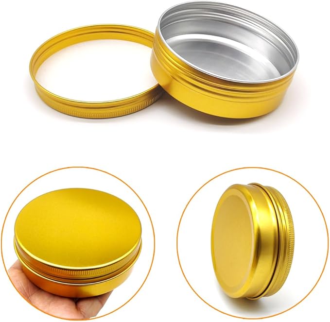 10pcs 60ml Round Lip Balm Tin Cans, 60 Gram Aluminum Tins Gold Cosmetic Sample Containers with Screw Lid, 60g Metal Empty Storage Travel Jars for Salves, Lip Balms, Face Cream, Candle, Tea