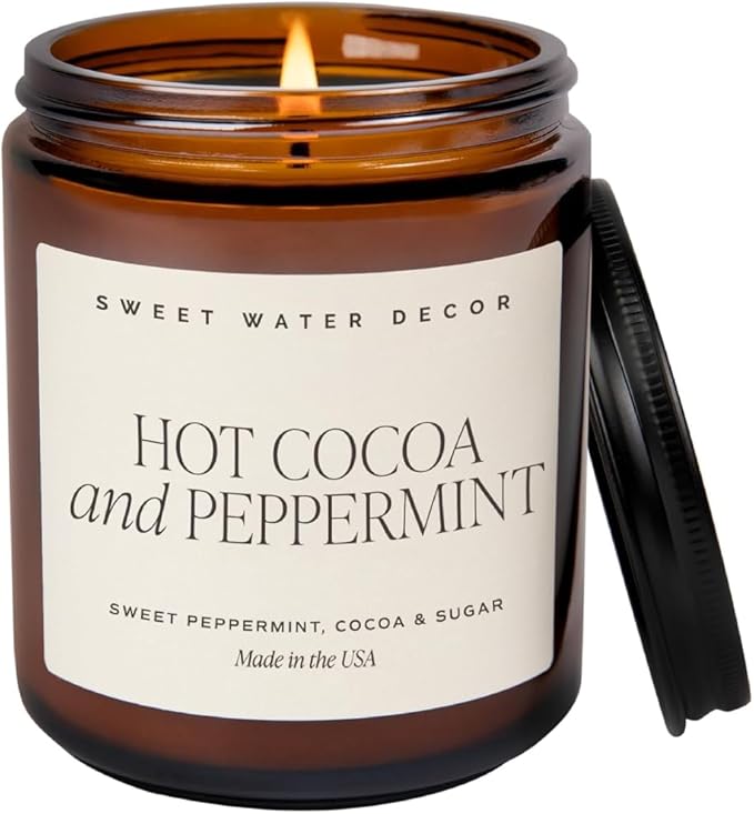 Sweet Water Decor Hot Cocoa and Peppermint Soy Candle | Chocolate, Peppermint, and Vanilla Holiday Scented Candles for Home | 9oz Amber Jar Candle with Black Lid, 40+ Hour Burn Time, Made in The USA