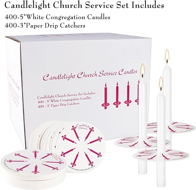 400Packs White Taper Candles, Unscented, with Paper Holder, Halloween, Shabbat, Vigil, Prayer Candles, Large Event Handheld Taper Candles Perfect Size.