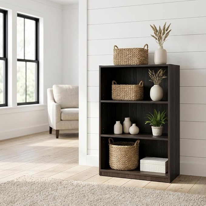 Furnifact Espresso 3-Shelf Bookcase with Sturdy Construction, Spacious Shelves for Books and Decor, Stylish Modern Design for Living Room or Office