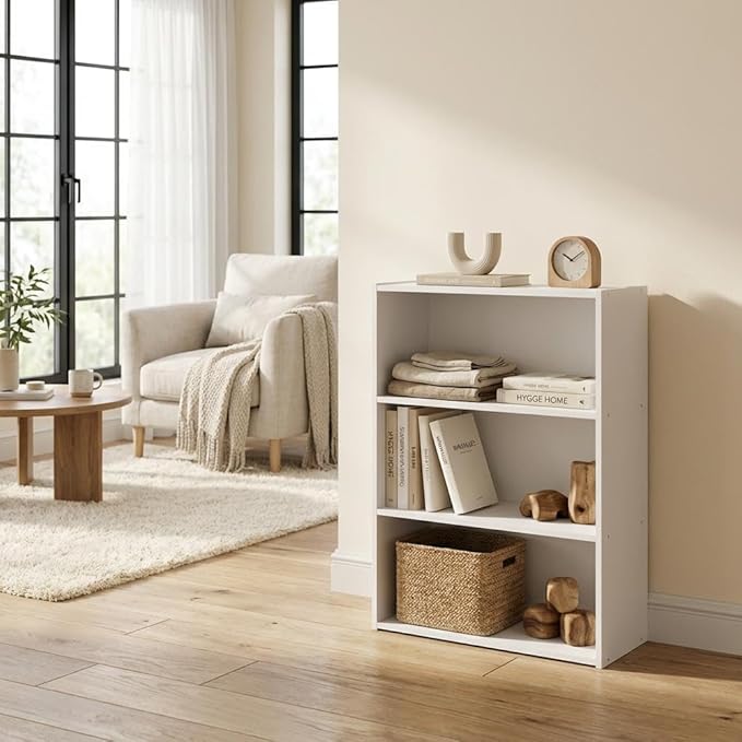 Furnifact Plain White Bookcase, Wooden Construction, Spacious Shelf Storage, Modern Design, Suitable for Home or Office, Durable and Stylish