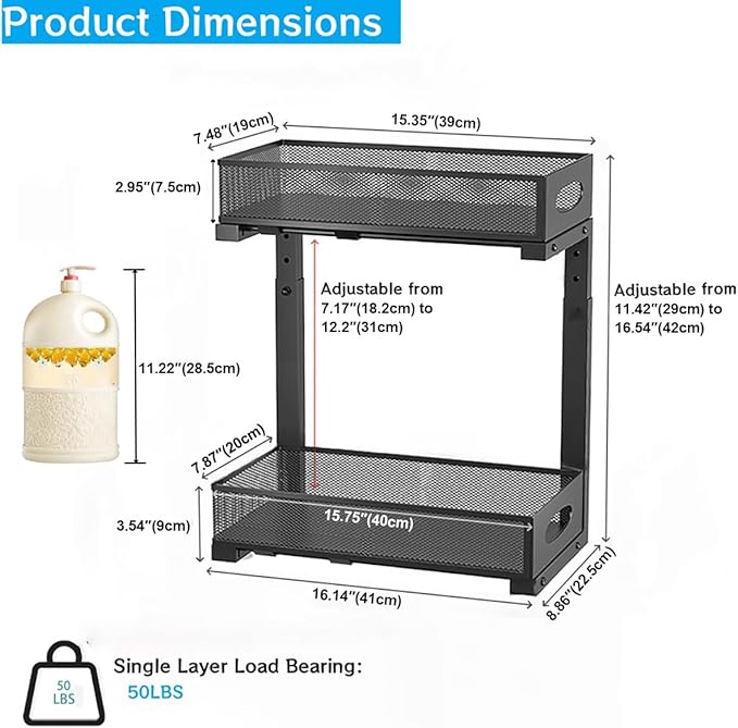 1 Pack Under Sink Organizer and Storage, 2 Tier Pull Out Sliding Cabinet Shelf, 5-Level Height Adjustable Thickened Carbon Steel Storage Rack for Kitchen Bathroom Cabinet, Black