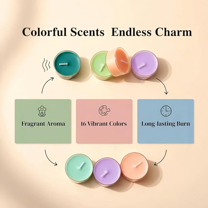16 Colors Colored Scented Tealight Candles - Natural Soy Wax Candles with Essential Oils, Home Decor and Aromatherapy, Perfect for Home Use and Gifting (Color Series)