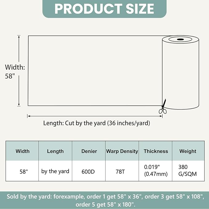 Waterproof Marine Canvas Fabric by The Yard 58" W 600D PVC Backing Water-Resistant Polyester Fabric Upholstery Material for Outdoor Marine Awning Tent Boat Furniture Cover, 15 Yards Pale Turquoise