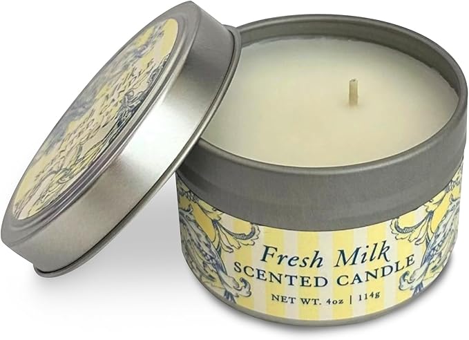 Greenwich Bay Hand-Poured Scented Candle in Decorative Tin – 4 oz/114 g Travel Candle with Lead-Free Wick, Vegetable Wax, Long-Burning Aromatherapy Gift, Single Wick – Made in USA (Fresh Milk)
