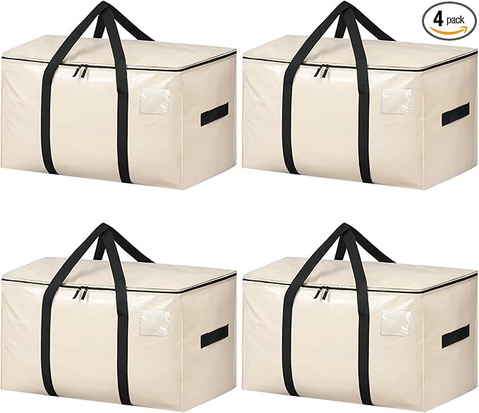 BAGAIL Heavy Duty Moving Bags with Strong Handle, Extra Large Moving Boxes, Storage Tote for Clothes, College Moving Supplies(Beige, 4 Pack)