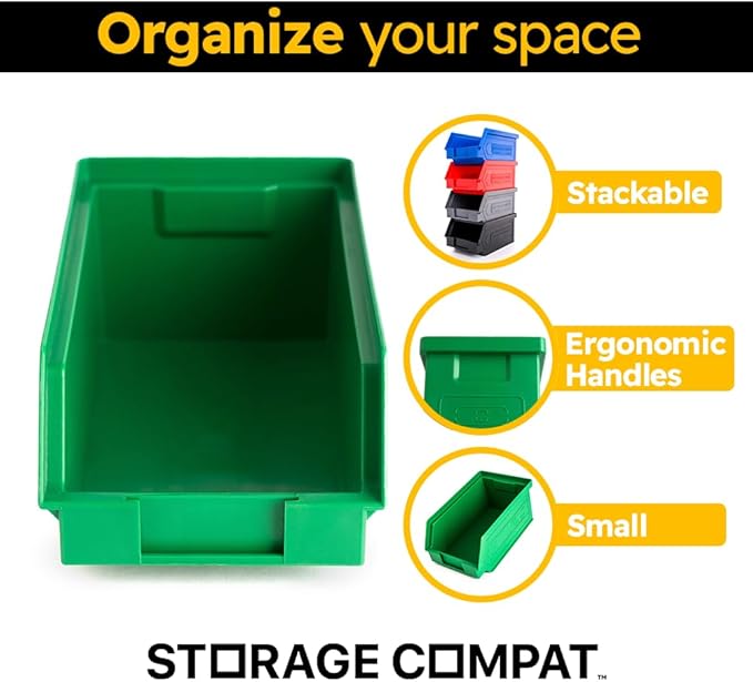 50-Pack Small Storage Bin | Wall Mount Storage, Hanging and Stacking Bin, Freestanding | 7” x 4” x 3” Plastic Container | Green | Zeus 1PLZ02