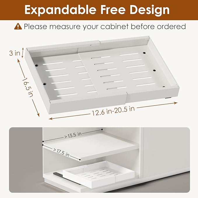 1 Pack Expandable Pull Out Cabinet Organizer 16.5" Deep, Adjustable Width 12.6"-20.5", No Drill Adhesive with Triple Track Rails, Heavy Duty Slide Out Drawers for Kitchen,Pantry,Cabinets,White