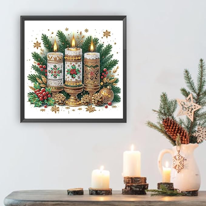 5D Christmas Candles Special Shape Diamond Art Kits for Beginners, Christmas Winter Theme Diamonds Painting Kits for Adults,DIY Crystal Rhinestones Diamond Paintings for Home Wall Decor 12×12Inch
