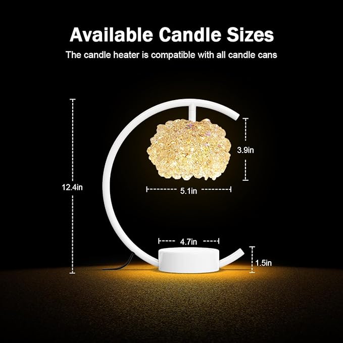Yeuslor White Candle Warmer Lamp for Jar Candles with Adjustable Brightness＆Timer，Handcrafted Crystal＆Wooden Base,Candle Lamp Luxurious Design+2Bulbs,Home Decoration Electric Candle lamp(C-Shaped)
