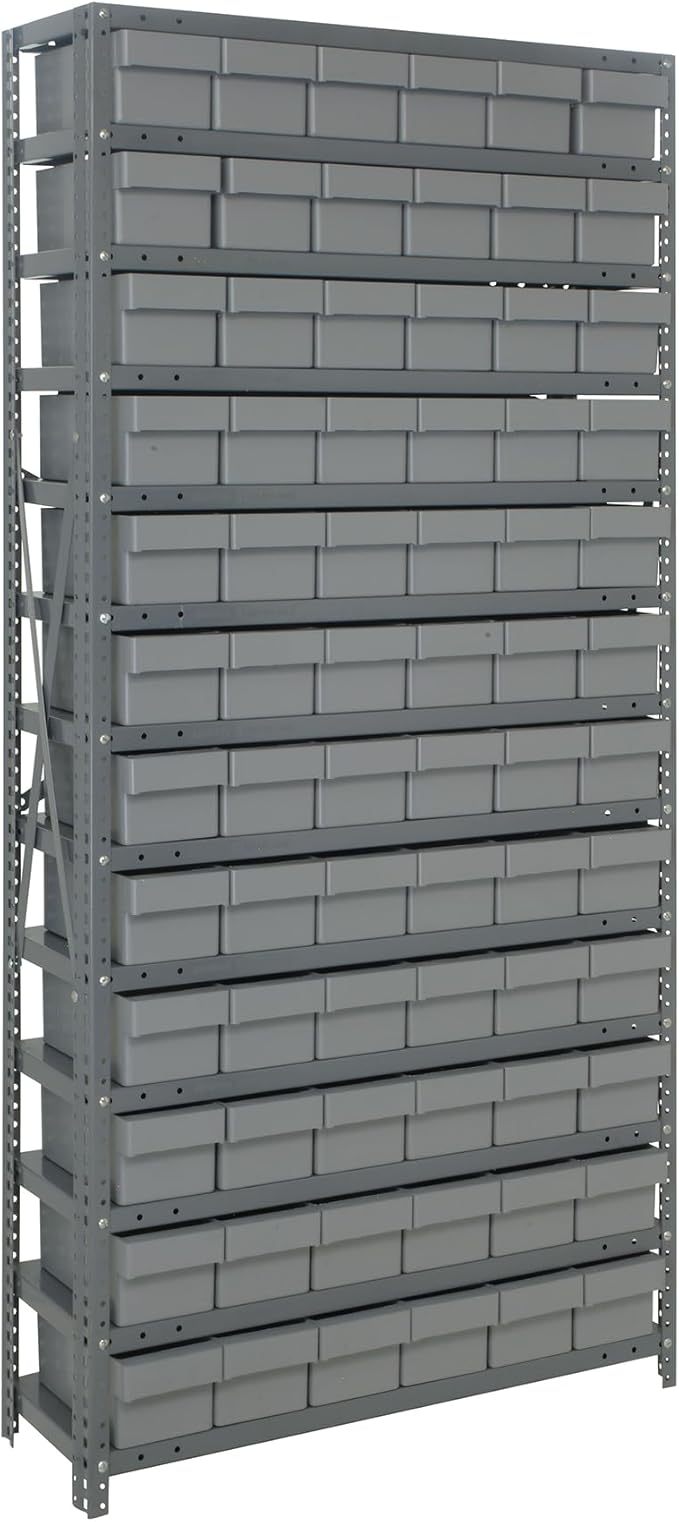 Quantum Storage Systems 2475-603GY Solid Heavy Duty 13 Shelves 72 Super Tuff Euro Gray Bins 75" H x 36" W x 24" D