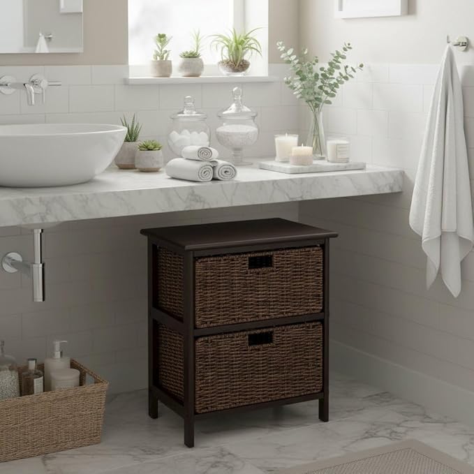 Storage Rack, Black Finish, 2-Tier Shelf Unit with Two Foldable Chocolate Baskets, Solid Wood Frame, Organizer Cabinet