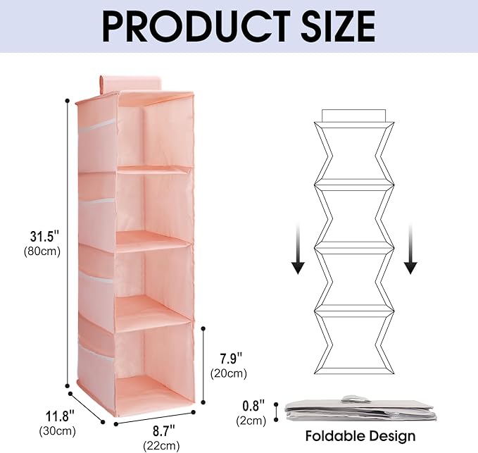 PetsHome 4-Shelf Hanging Closet Organizer, Space Saver, Closet Hanging Storage Shelves with Mesh Pockets & Magic Tap for Storage, Foldable-Pink