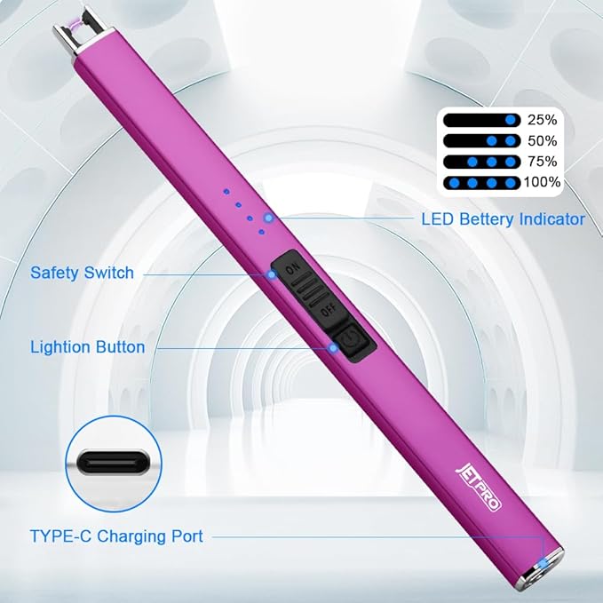 Electric Arc Windproof Lighter Flameless USB Rechargeable Lighter with Safety Lock for Candle BBQ Camping (Purple)