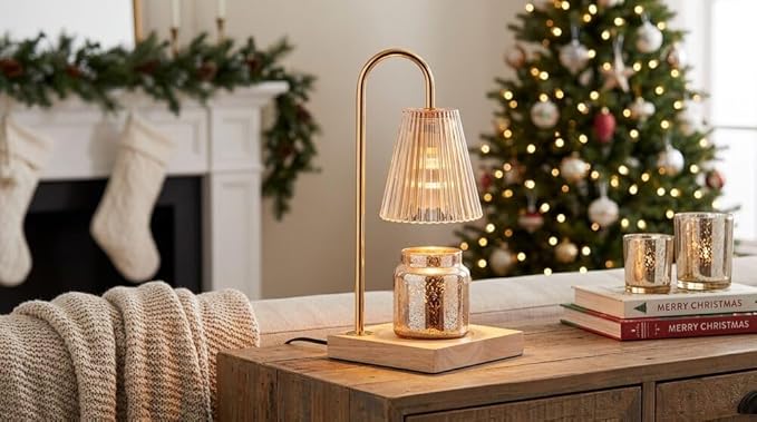 Mikasa Electric Candle Warmer with Amber Glass Shade - 13.8 Inch Lamp Warmer with Wooden Base, 50 Watt Halogen Bulb Included, Dimmer Switch, Safe Flameless Fragrance for Home Décor