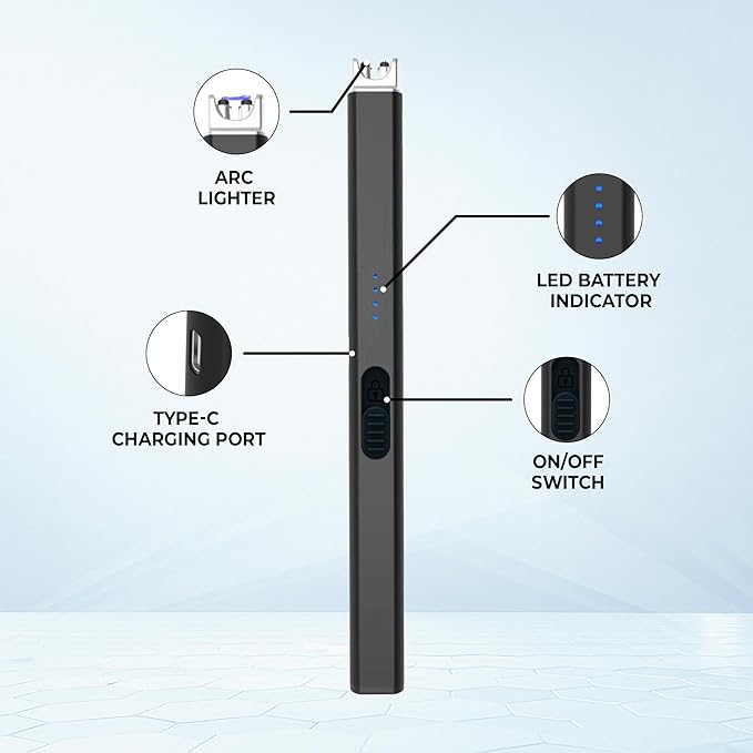 FIGHTSENSE USB Rechargeable Candle Lighter,Plasma Arc Windproof Flameless Long Electric Lighter with Safety Switch,LED Battery Display,Used for BBQ Fireplace,Camping,Stove Kitchen (Black)