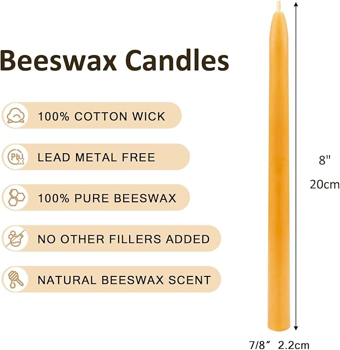 100% Pure 8 Inch Natural Bees Wax Taper Candlestick 12Pack - 8 Hours Long Burning, Smokeless, Dripless and Unscented for Home Decor Party Dinner