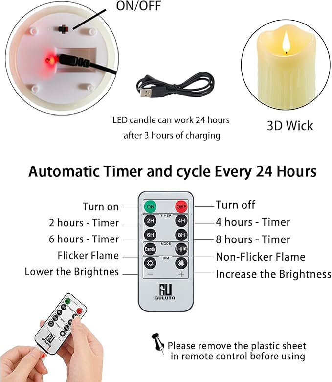 Flameless Candles with Rechargeable Battery, Flickering Candles with Remote and Timer, led Pillar Candles Real Wax Wick, Led Candles for Home, Wedding, Halloween, Christmas, Party 3" x 4"