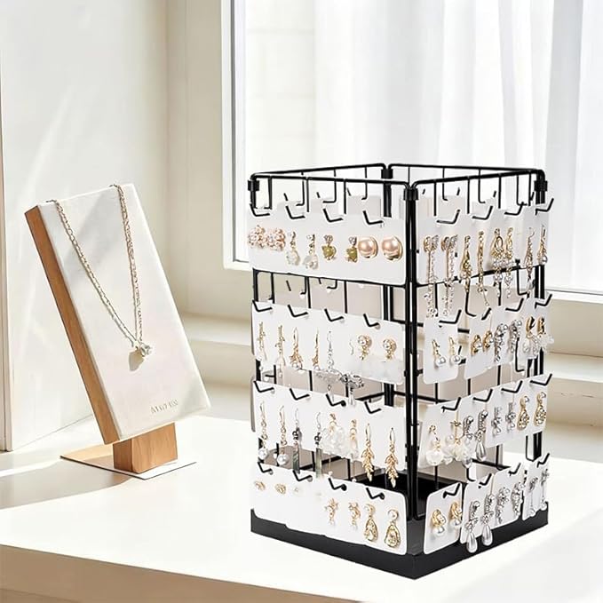 360 Rotating Earring Display Holder Stand, Large Capacity 64-Hook Jewelry Display and Storage Rack，For retail displays, seller sales, and women's vanity earring organization (Black)